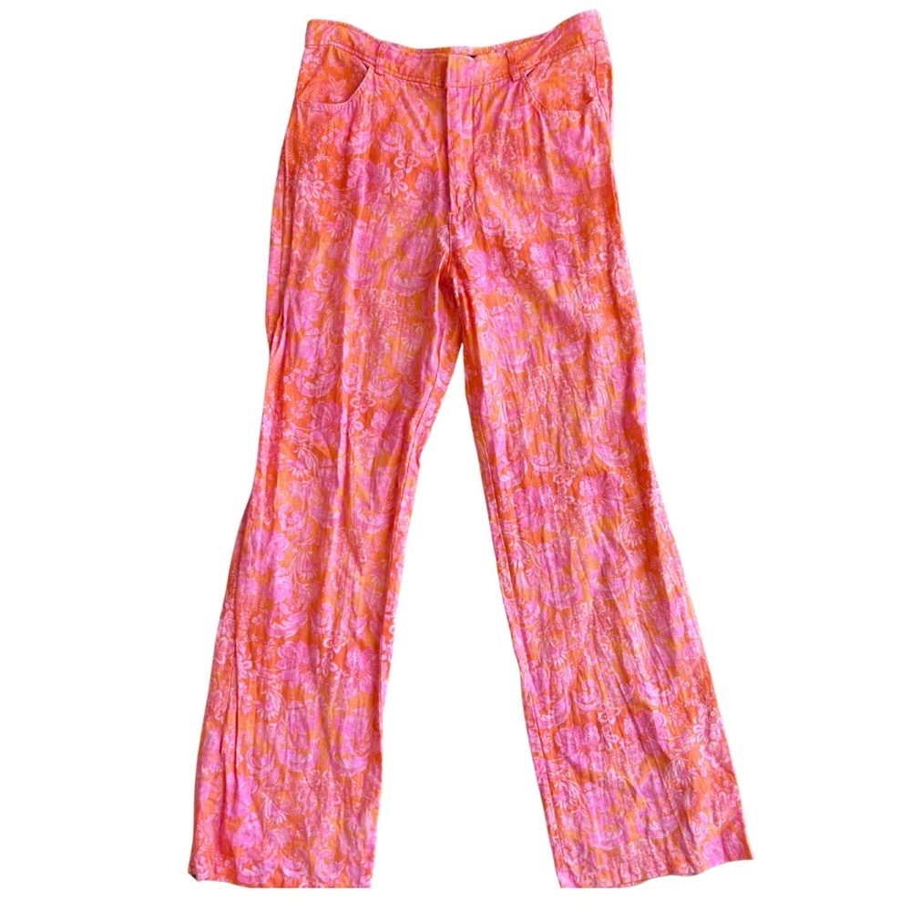 Zara Pink Orange Floral Paisley Boho Straight Leg Linen Pants Womens Medium